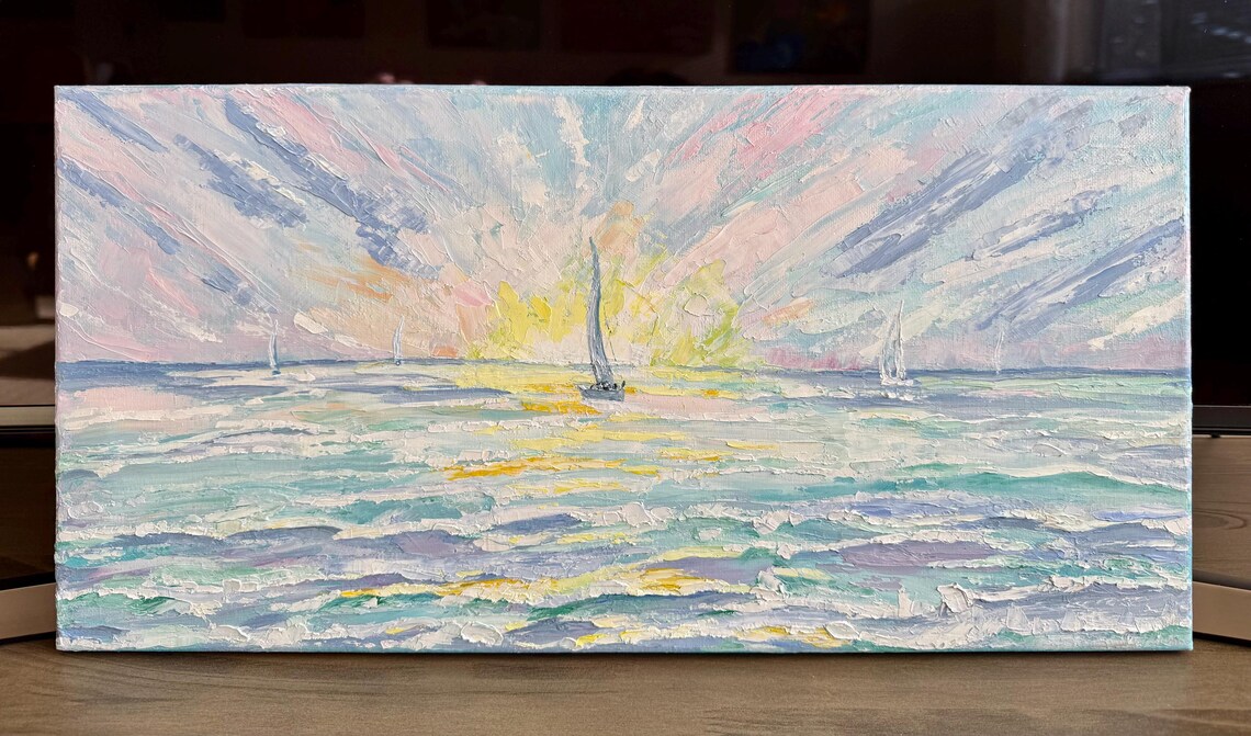 Sailboats Sunrise Seascape Pastel Impasto Nautical Oil Painting Wall Art - Image 4
