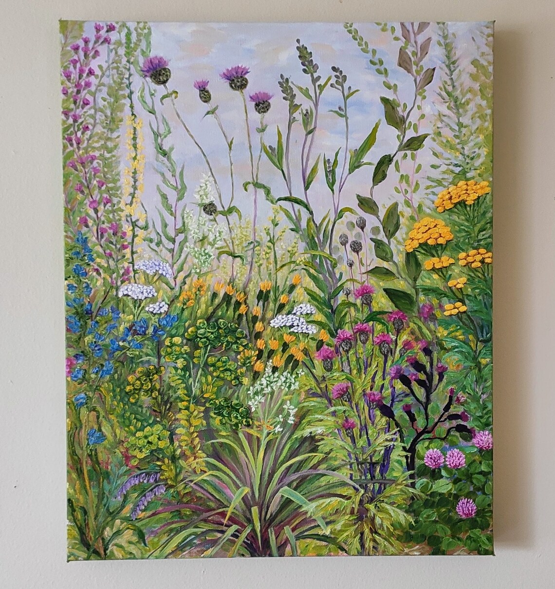 Wildflower Garden Herbs Thistles Botanical Oil Painting Green Wall Art - Image 2