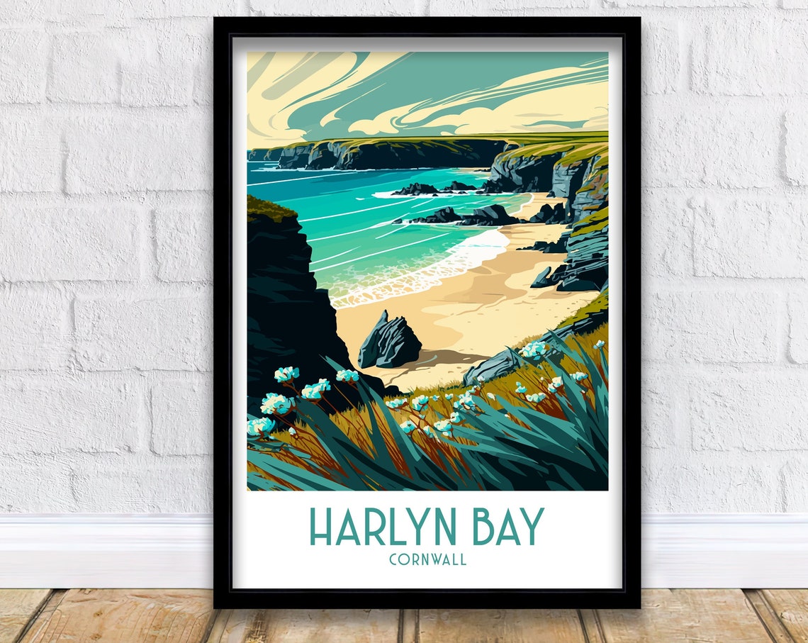 Harlyn Bay Cornwall Dramatic Cliffs Sandy Cove Travel Poster