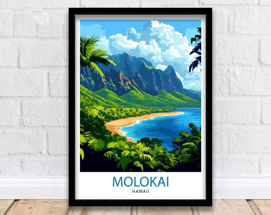 Molokai Hawaii Paradise Beach Tropical Vintage Travel Poster