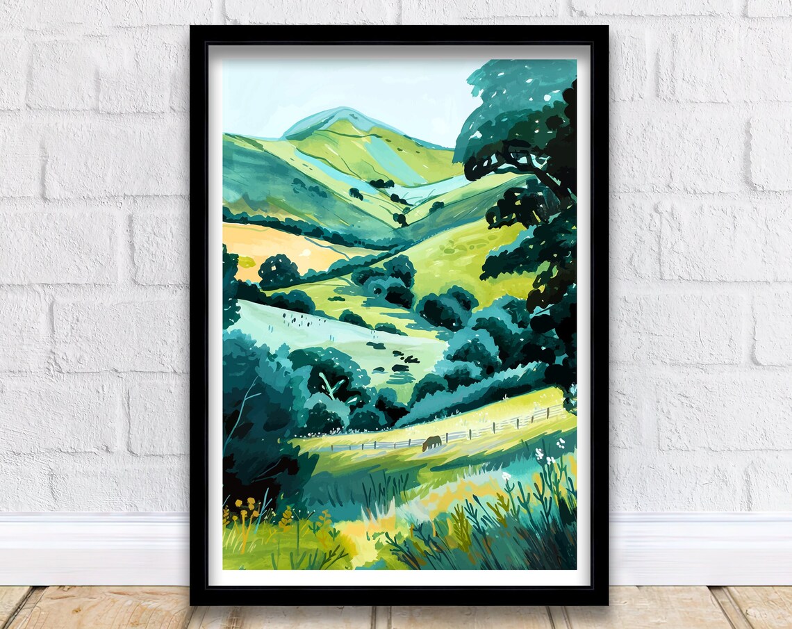 Black Mountains Wales Rolling Green Valley Horse Grazing Scenic Poster