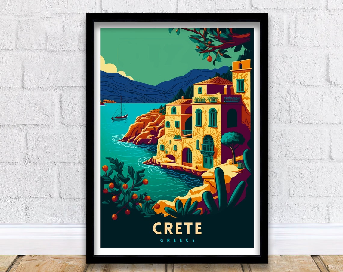 Crete Greece Vintage Cliffside Villa and Turquoise Bay Poster