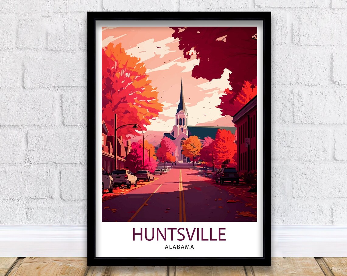 Huntsville Alabama Autumn Street Church Steeple Fall Scene Art Poster