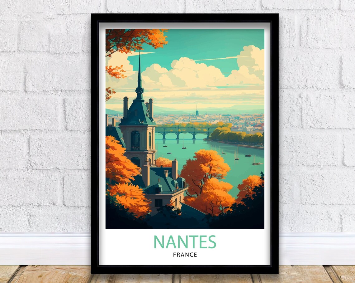 Nantes France Loire River Bridge And Autumn Trees Travel Poster