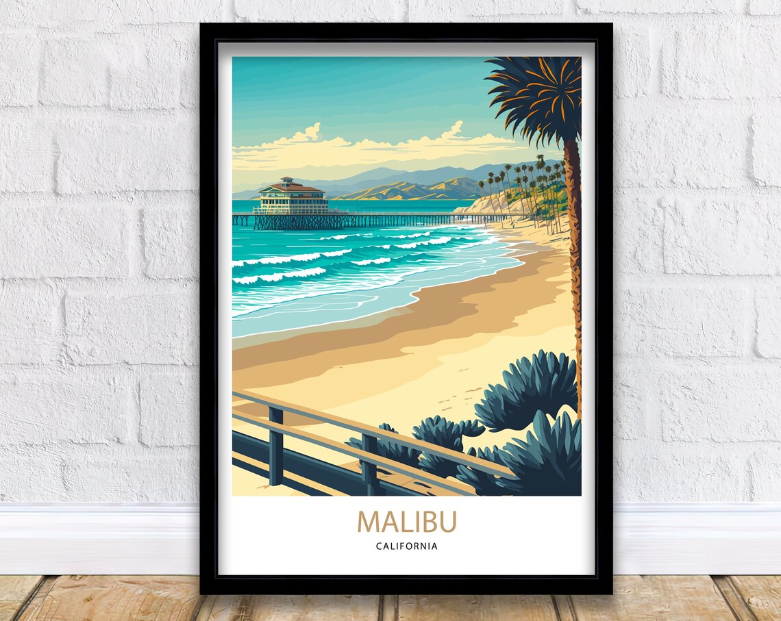 Malibu California Pier Beach Palm Trees Vintage Travel Poster