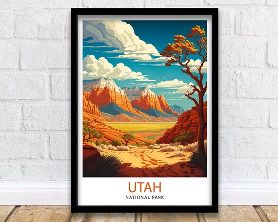 Utah National Park Red Rock Canyon Retro Travel Illustration Poster