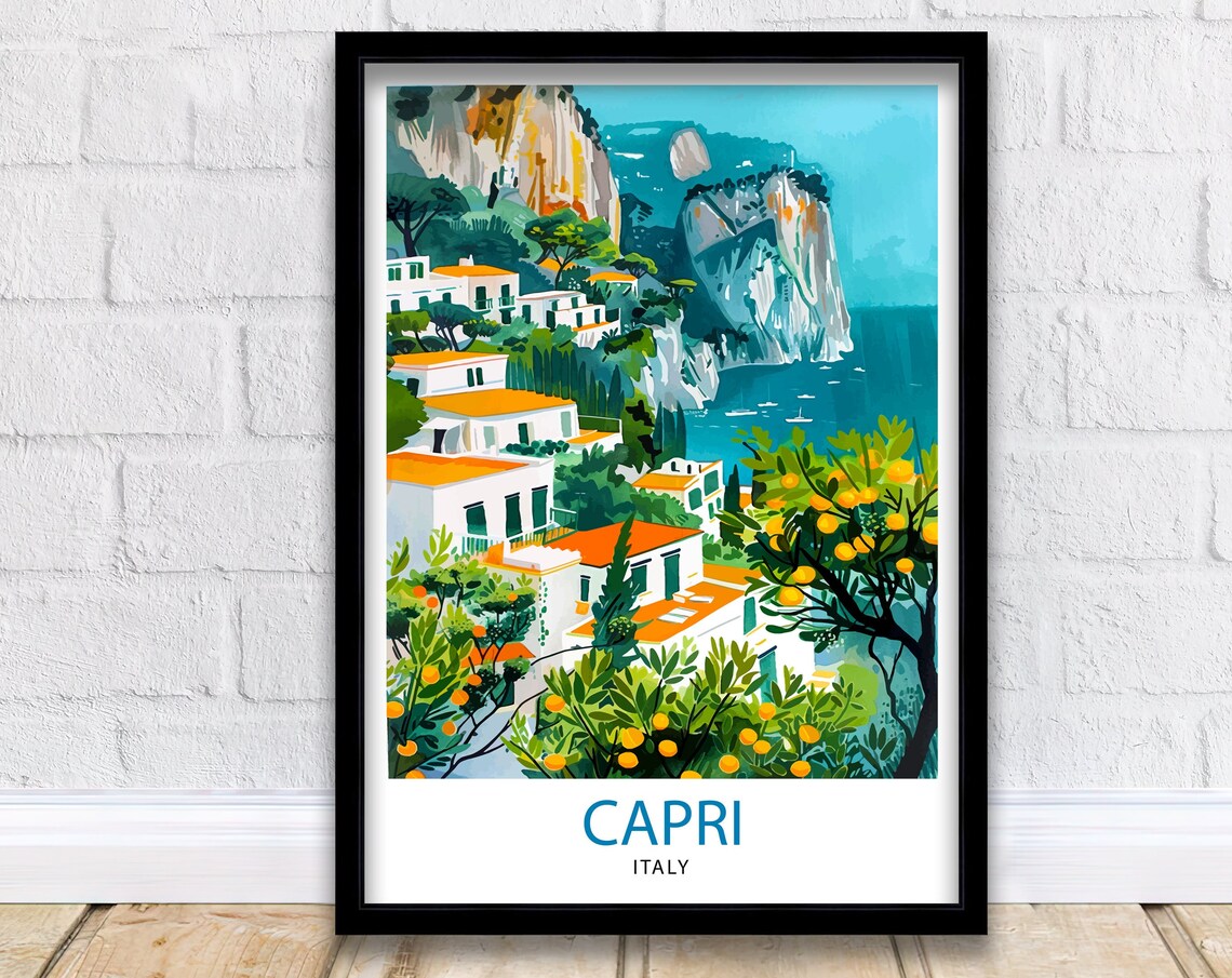 Capri Italy Lemon Grove Sea Cliff Coastal Village Travel Poster