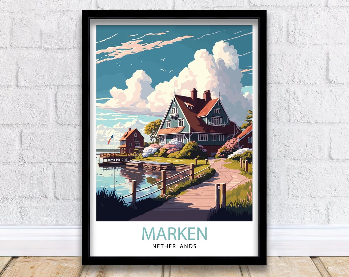 Marken Netherlands Waterfront Houses Jetty Vintage Travel Poster