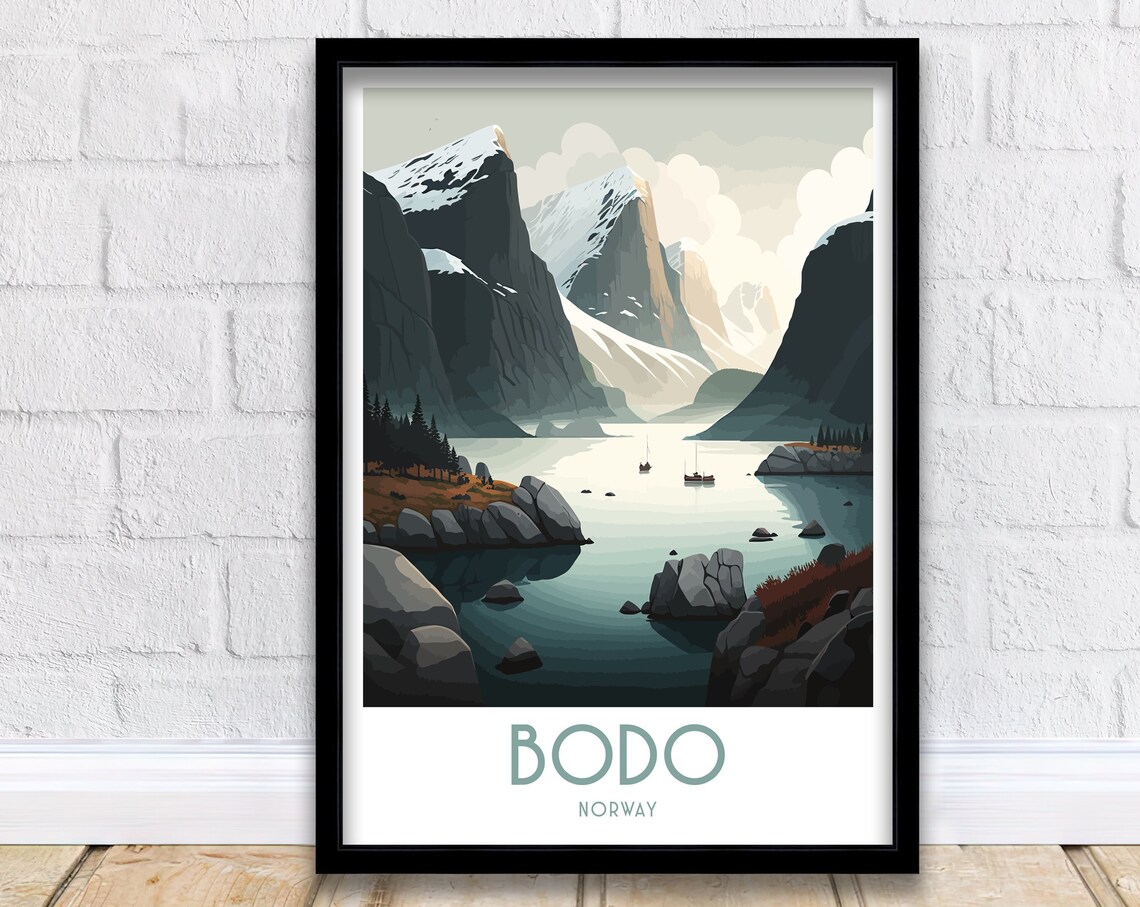 Bodo Norway Arctic Fjord Snow Mountains Vintage Travel Poster