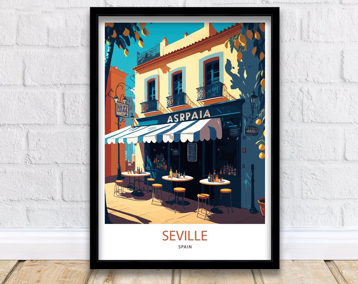 Seville Spain Sunny Tapas Bar Street Cafe Retro Travel Poster