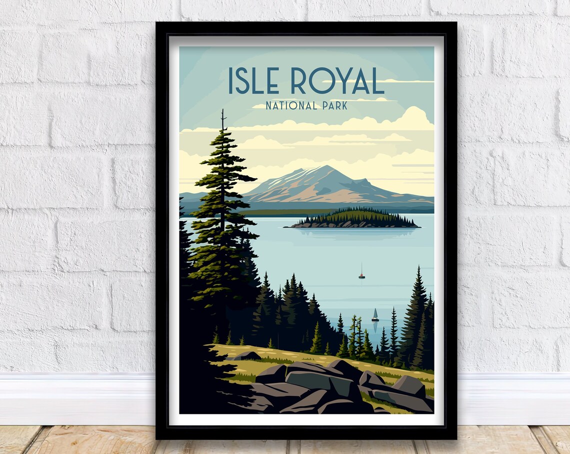 Isle Royal National Park Pines Lake Sailboats Retro Travel Poster