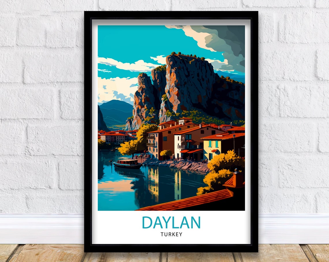 Daylan Turkey Waterfront Old Town Towering Rock Cliffs Travel Poster