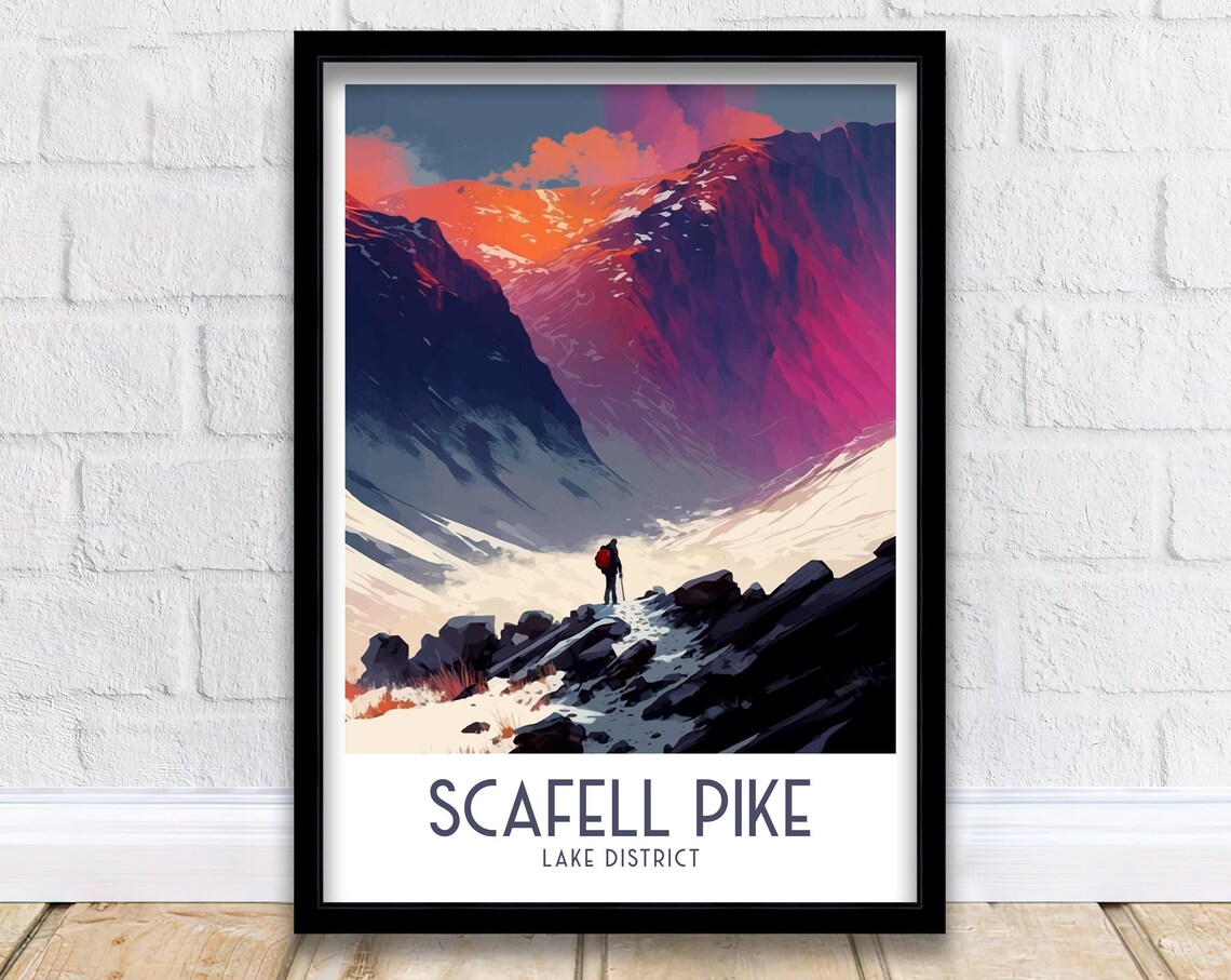 Scafell Pike Lake District Lone Hiker Mountain Sunset Travel Poster