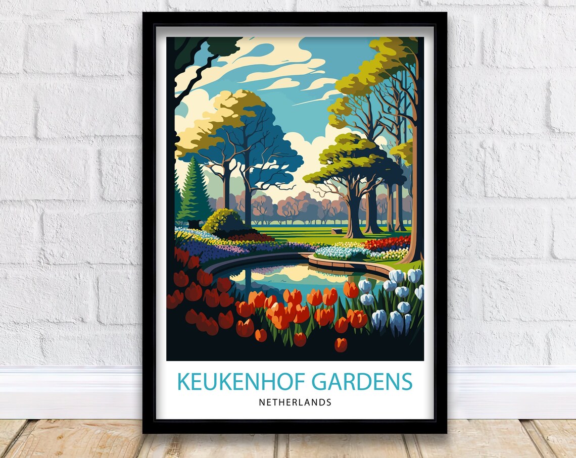 Keukenhof Gardens Netherlands Tulip Pond Spring Vintage Travel Poster