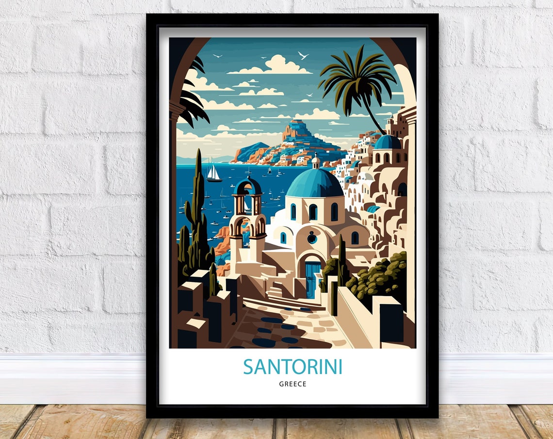 Santorini Greece Blue Domes Archway Caldera Vintage View Poster