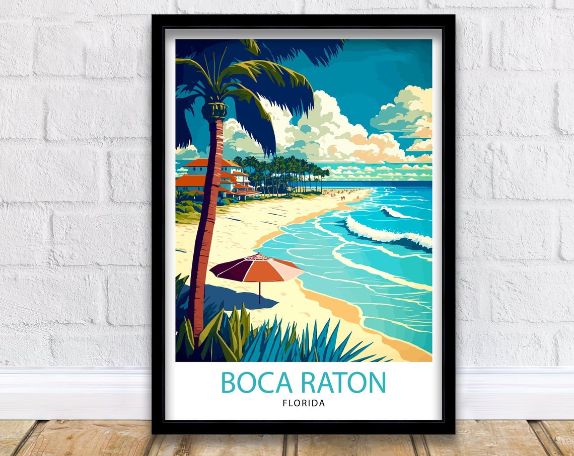 Boca Raton Florida Beach Travel Poster With Palm Trees Surf Art