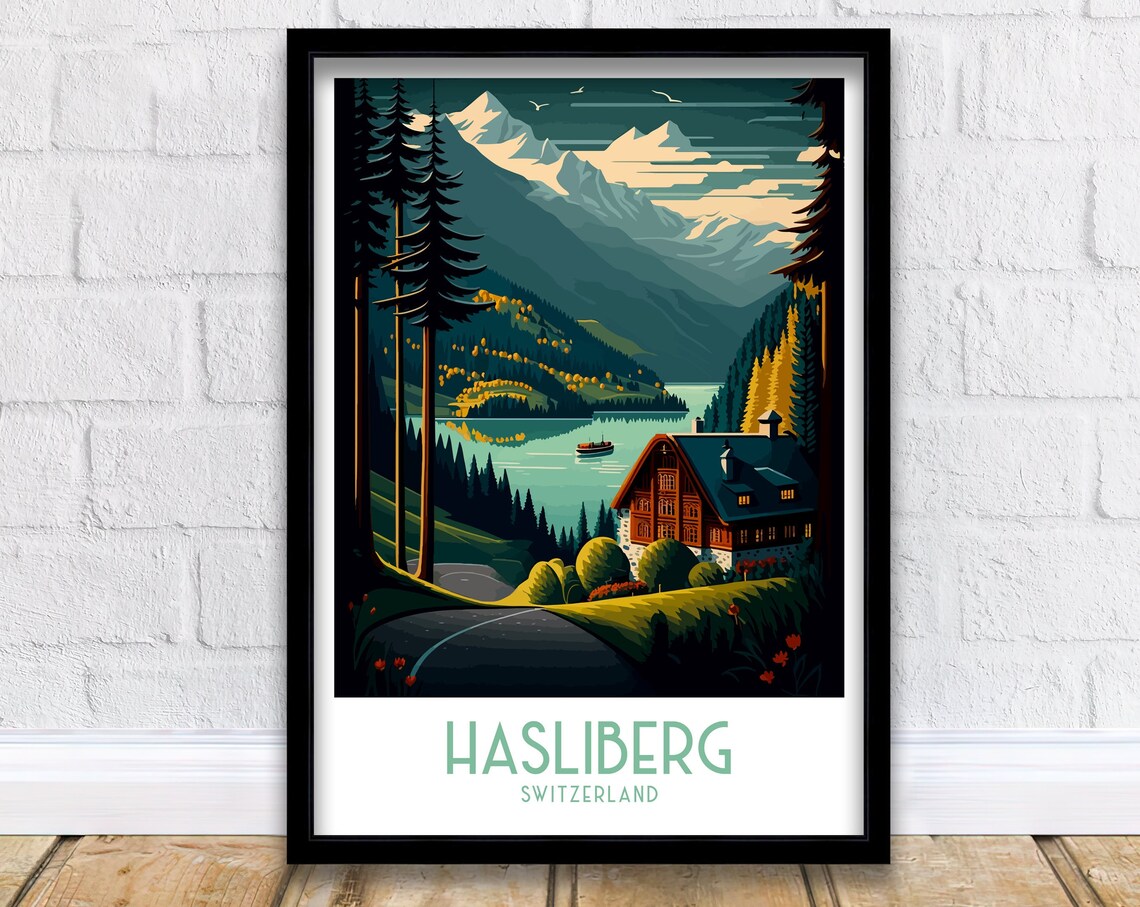 Hasliberg Switzerland Lake Chalet Alpine Retro Travel Poster