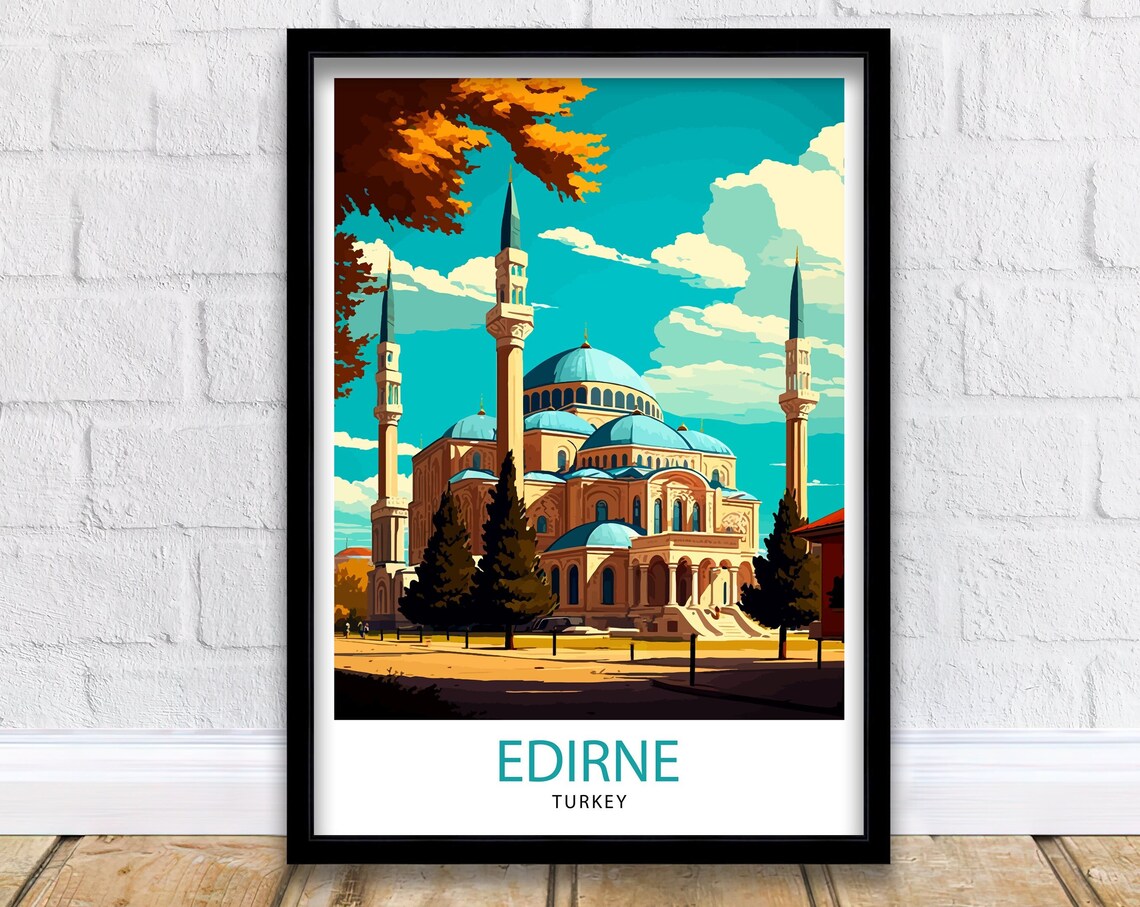 Edirne Turkey Grand Blue Domed Mosque Minarets Vintage Travel Poster