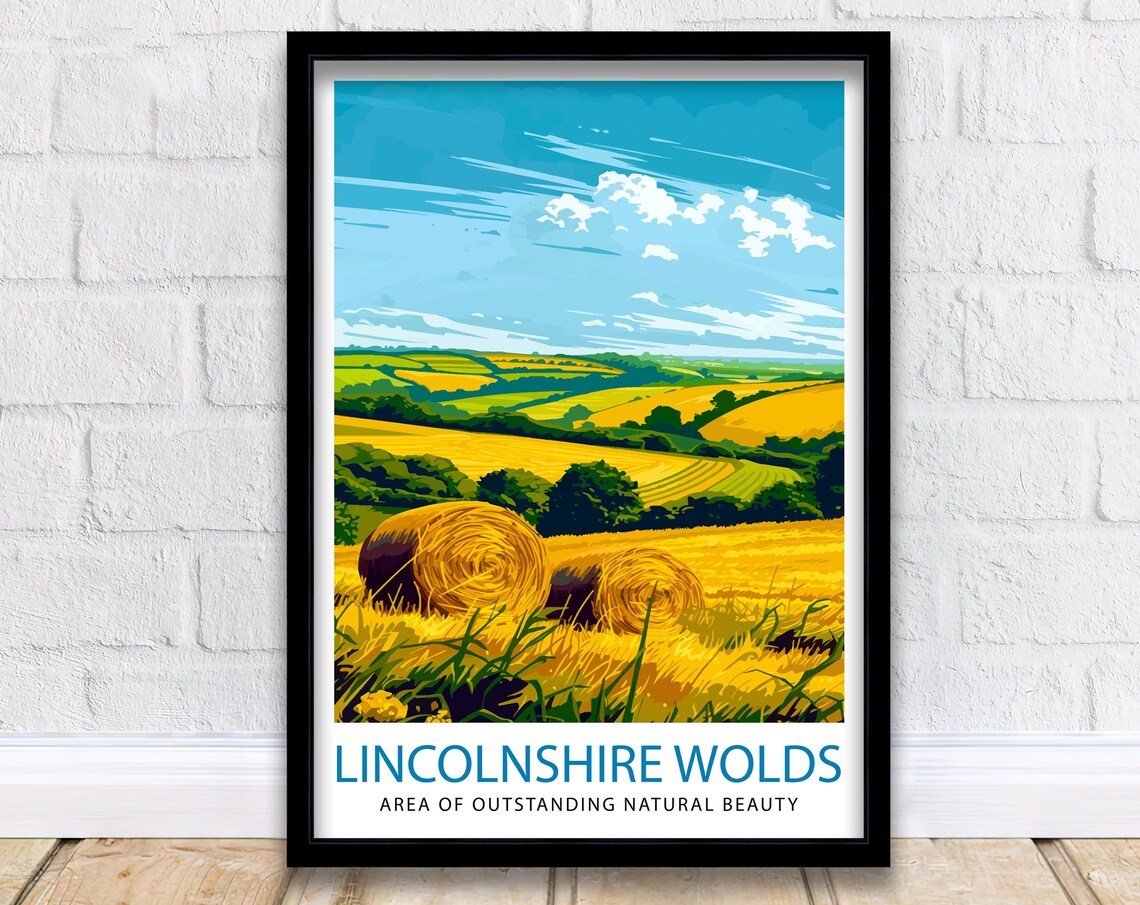 Lincolnshire Wolds Hay Bales Golden Field Landscape Travel Poster