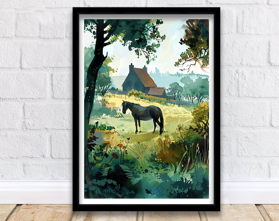 Horse Meadow Watercolor Countryside Barn Rustic Farm Scene Poster