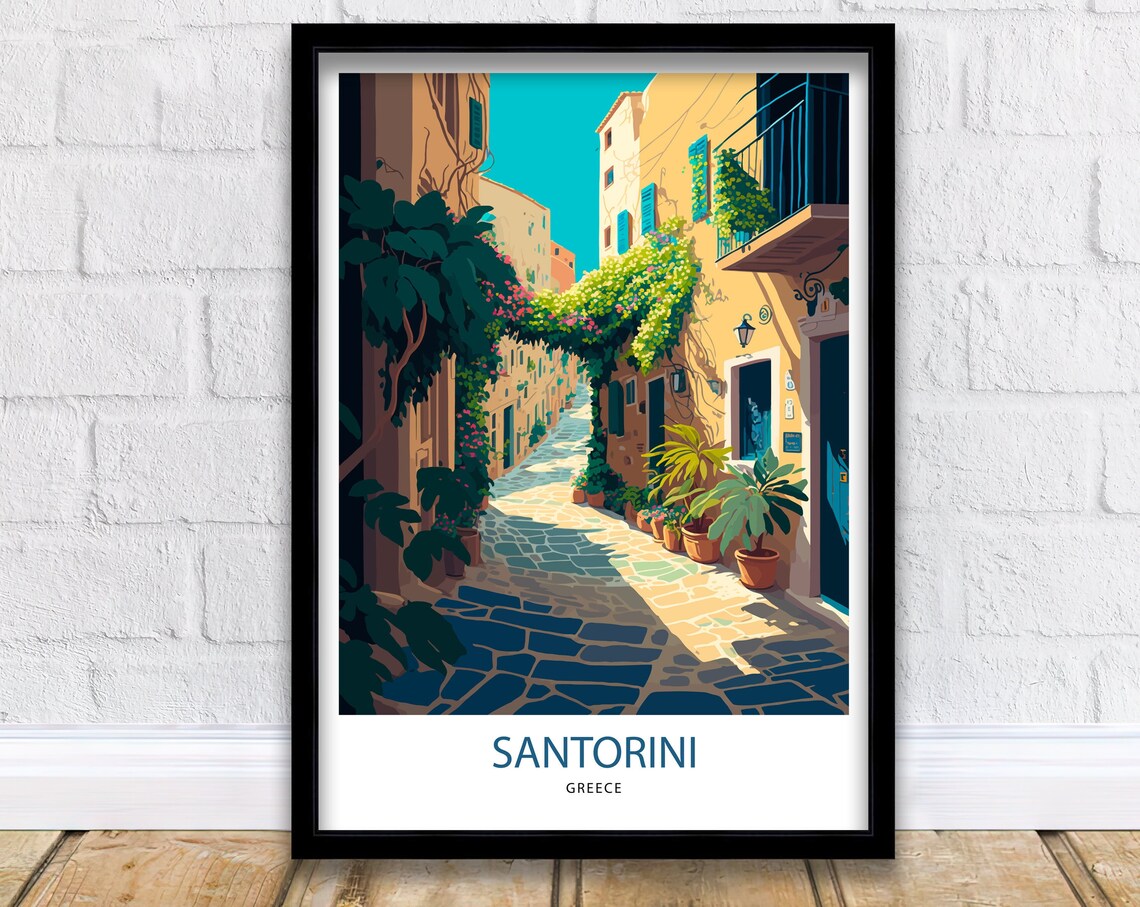 Santorini Greece Cobblestone Alley Bougainvillea Retro Travel Poster