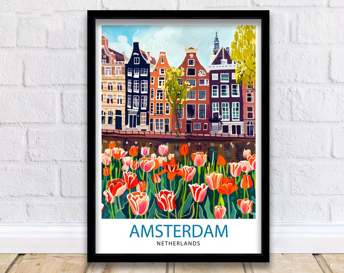 Amsterdam Netherlands Canal Houses Tulip Field Travel Poster