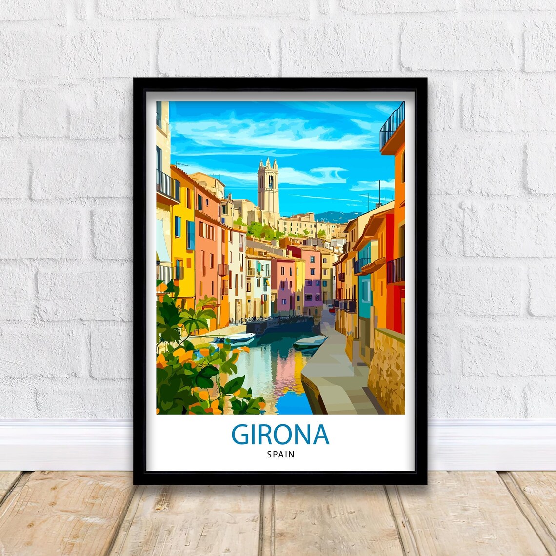 Girona Spain Colorful Canal Houses Bell Tower Reflection Travel Poster