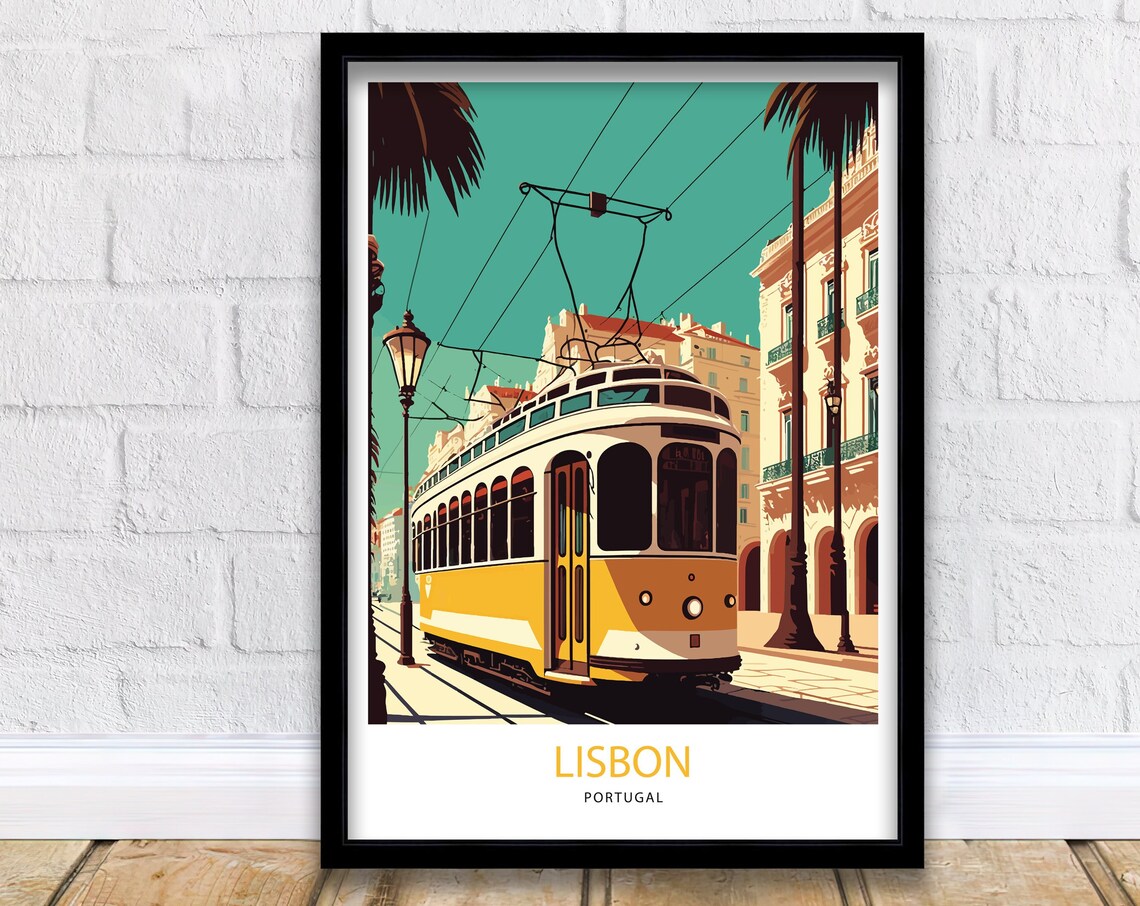 Lisbon Portugal Iconic Yellow Tram Street Scene Vintage Travel Poster