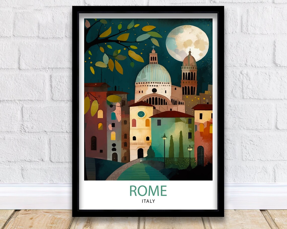 Rome Italy Moonlit Cathedral Dome Illustration Travel Poster