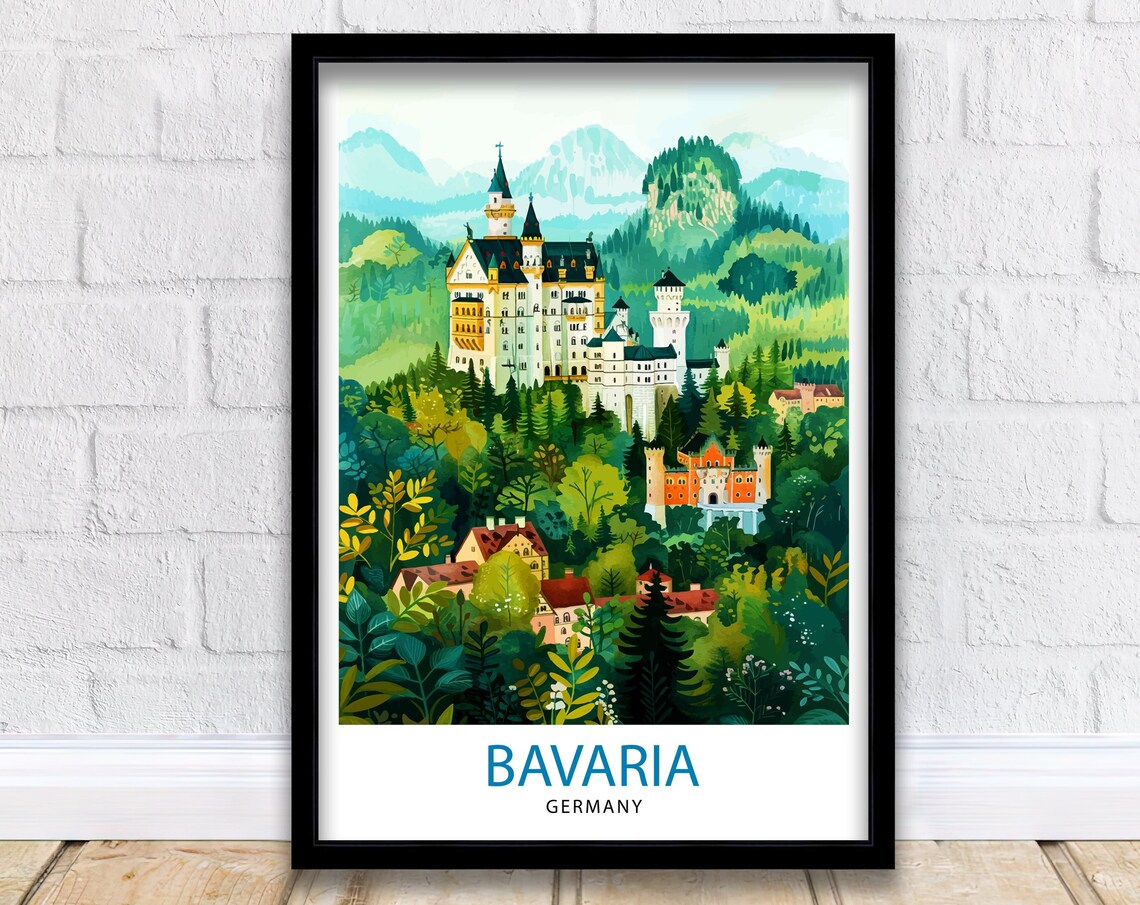 Bavaria Germany Travel Poster, Bavarian Alps Illustration