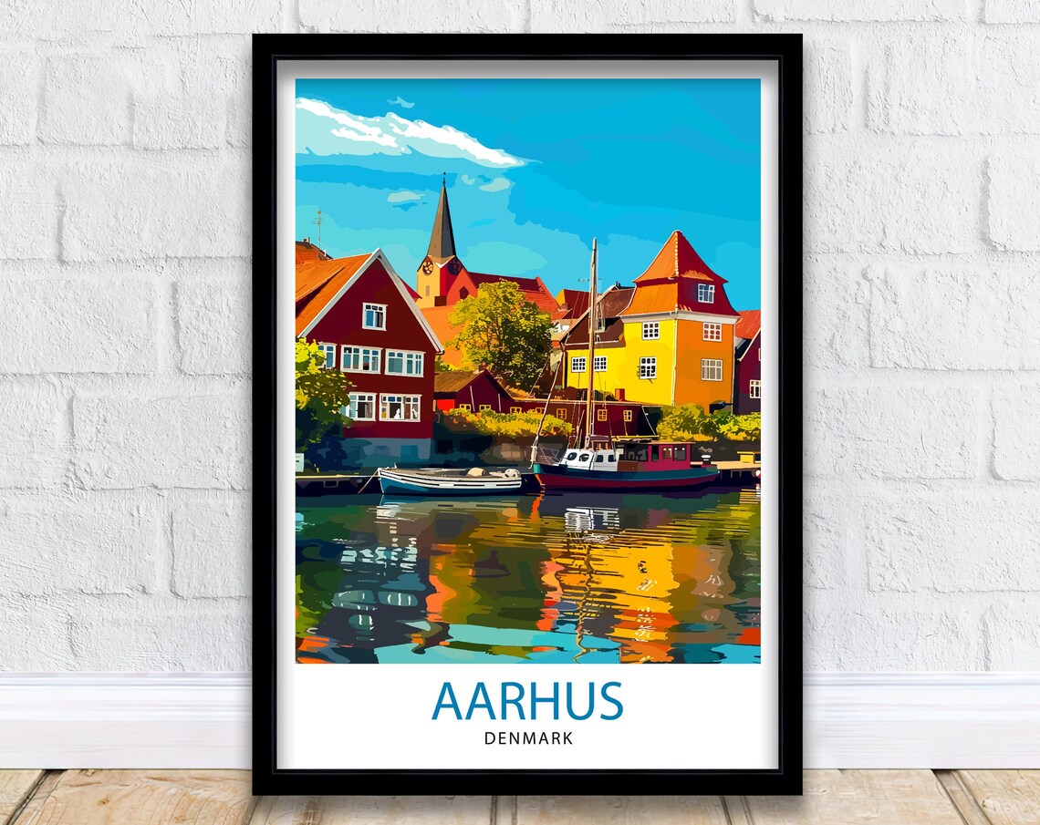 Aarhus Denmark Harbor Colorful Houses Boats Travel Beautiful Poster
