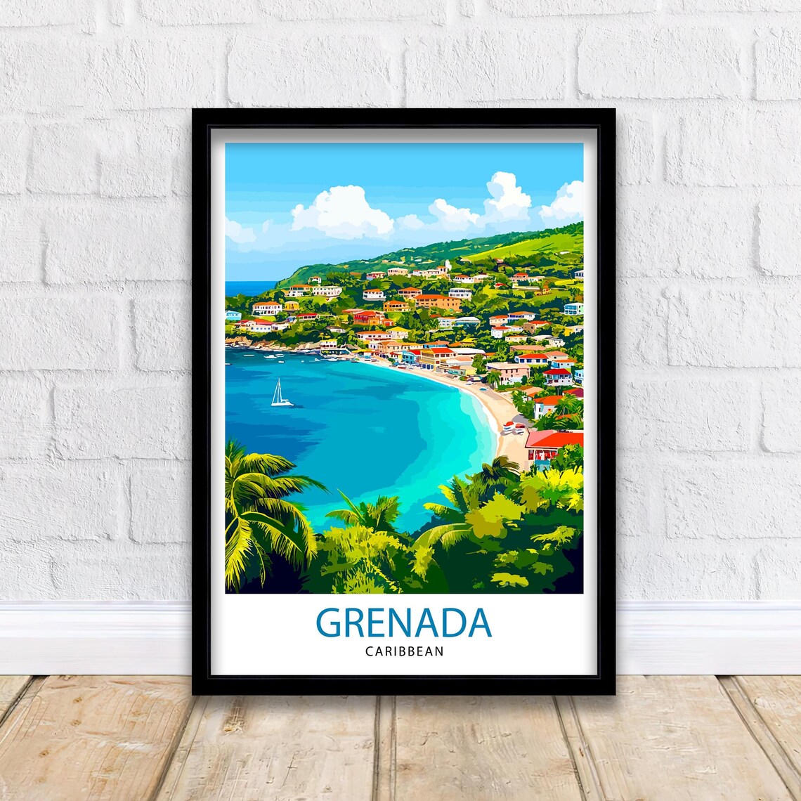 Grenada Caribbean Island Bay Town Sailboat Tropical Travel Poster