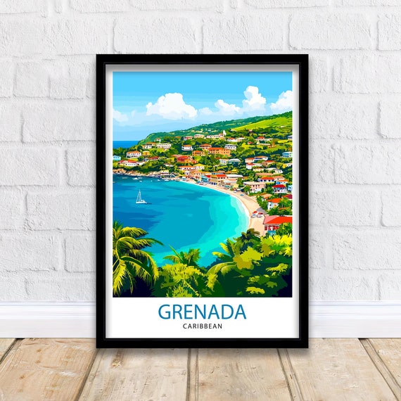 Grenada Caribbean Island Bay Town Sailboat Tropical Travel Poster