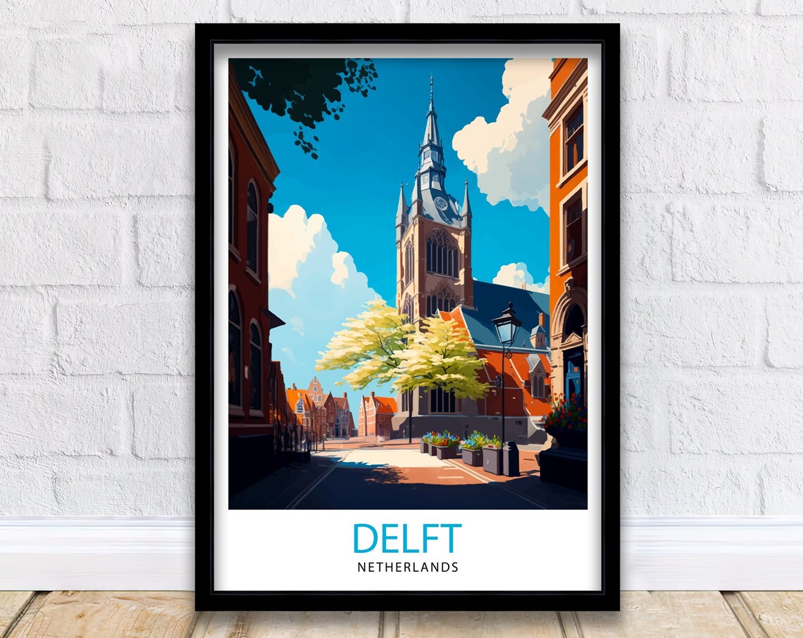 Delft Netherlands Historic Church Street Watercolor Travel Poster