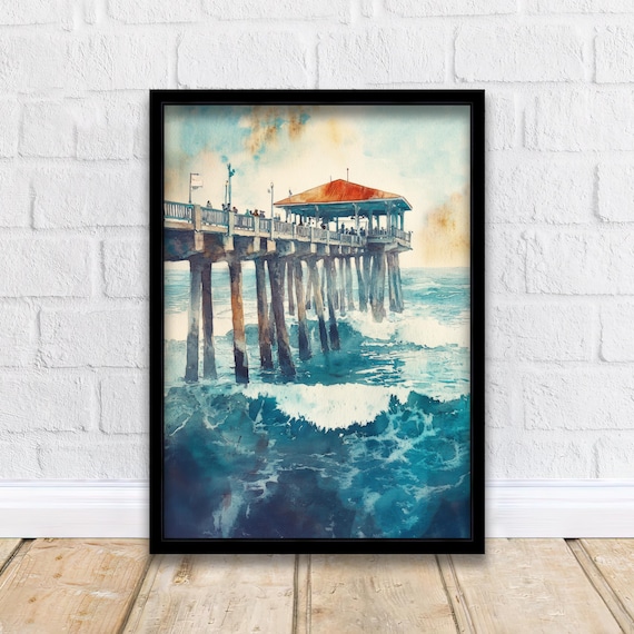 Huntington Beach Pier Watercolor Ocean Waves Coastal Surf Poster