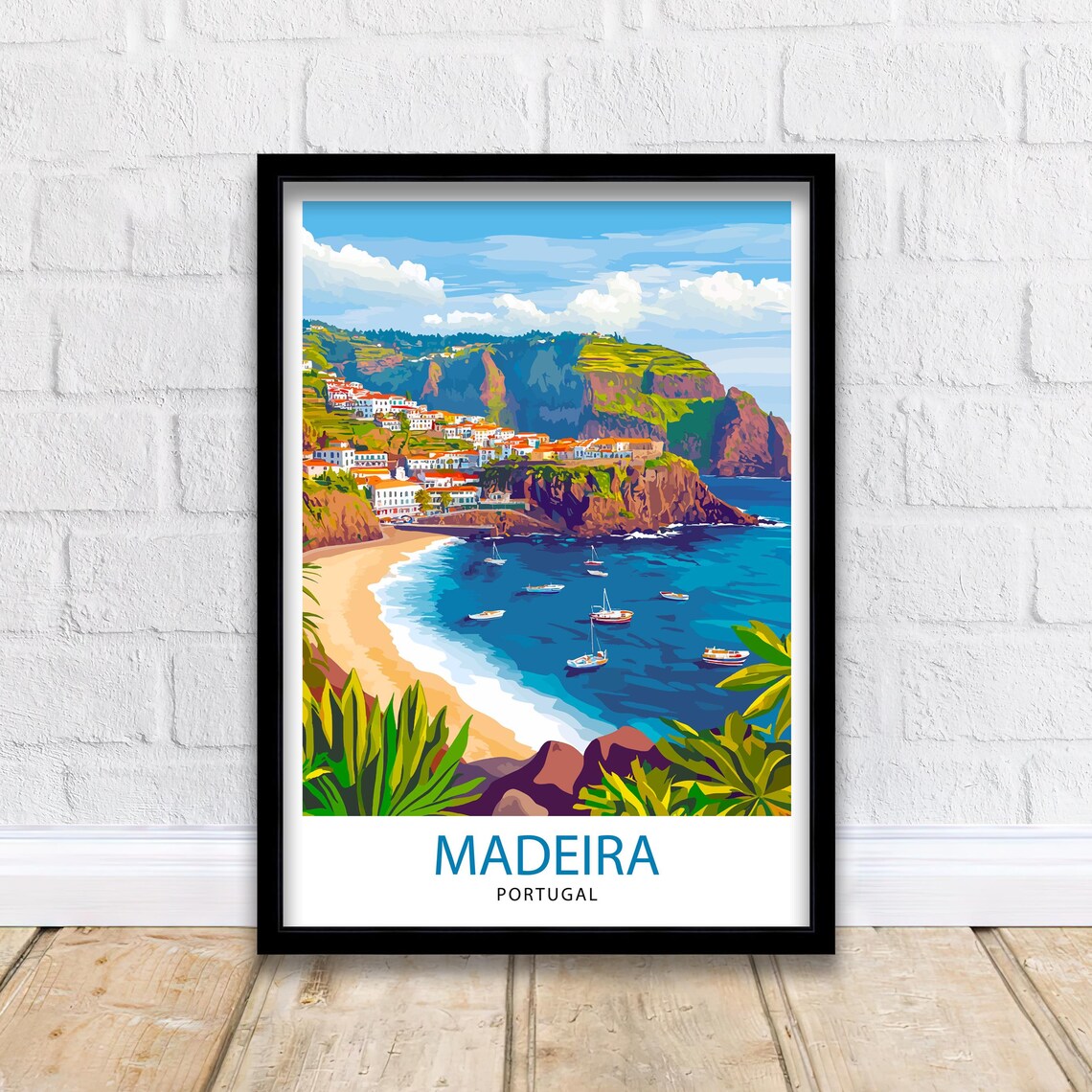 Madeira Portugal Island Coast Cliffs Beach Boats Scene Poster