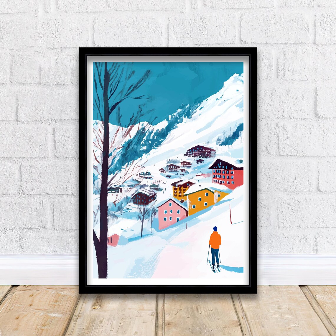 Zermatt Switzerland Snowy Alpine Village Skier Winter Art Poster