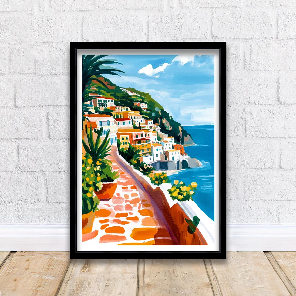 Positano Italy Colorful Cliffside Town Cobbled Street Sea Art Poster