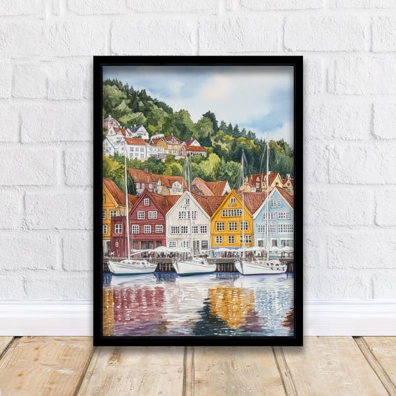 Bergen Norway Watercolor Painting Norwegian City Art Print Scenic Harbor Landscape Decor Gift For Lovers