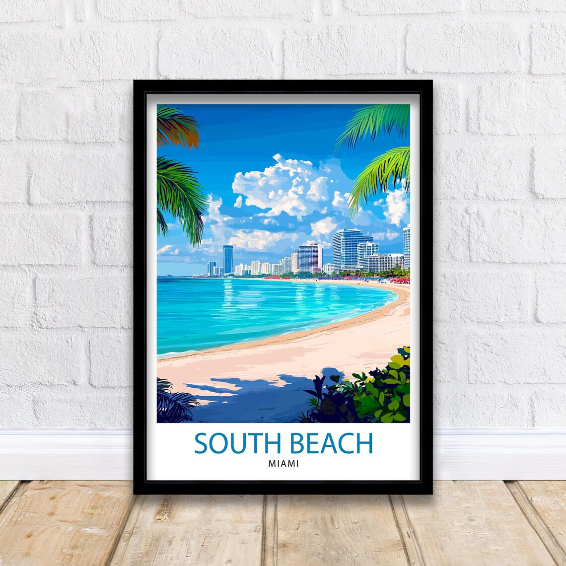 South Beach Miami Florida Palm Trees Skyline Ocean View Poster