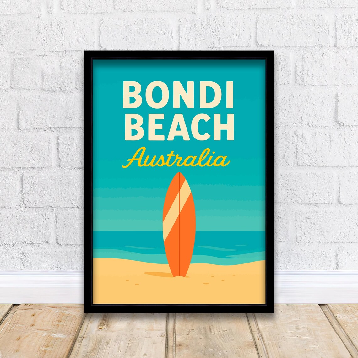 Bondi Beach Australia Retro Orange Surfboard Vintage Travel Poster