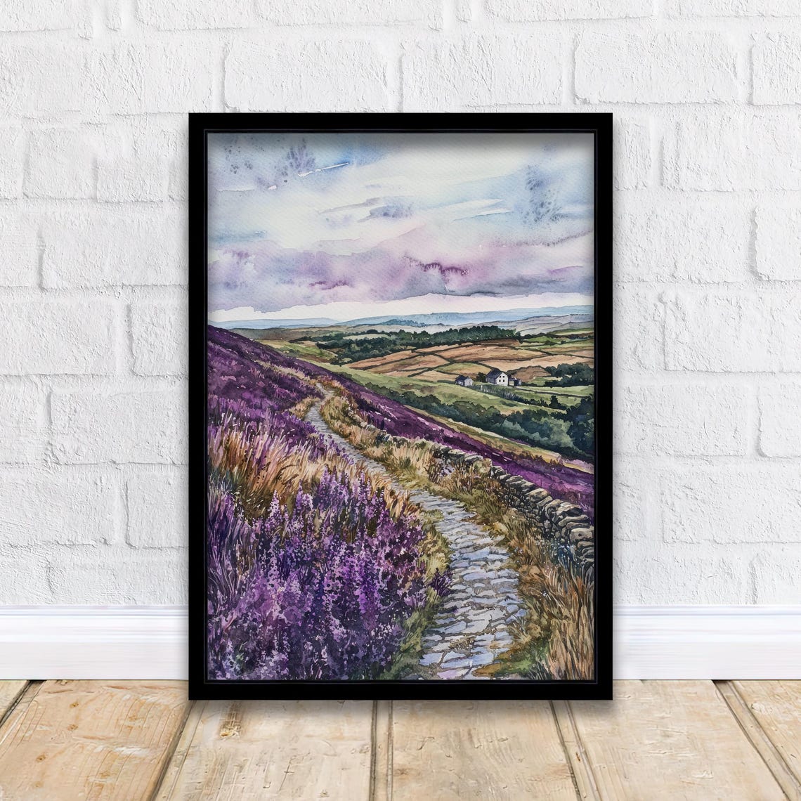 North Yorkshire Moors Watercolor Heather Path Stone Wall Poster