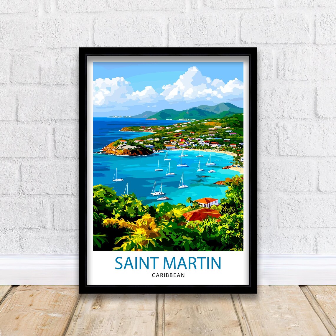 Saint Martin Caribbean Island Bay Sailboats Tropical Scene Poster