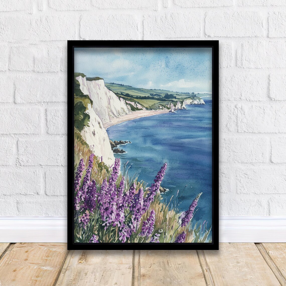 Isle Of Wight Watercolor White Cliffs Wildflowers Coastal Poster