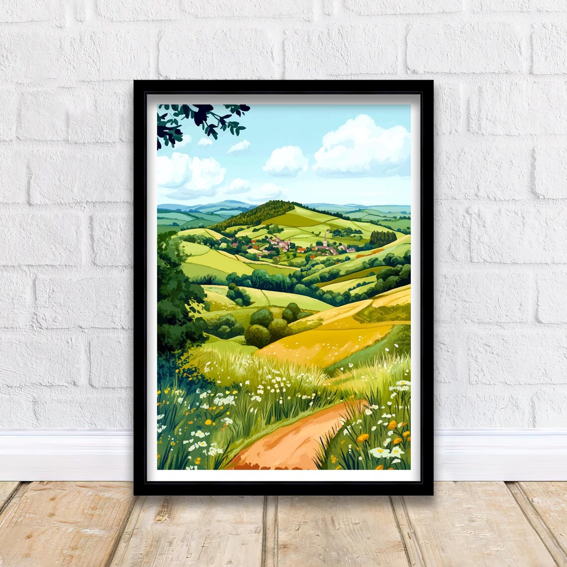 Malvern Hills England Rolling Green Hills Village Meadow Art Poster
