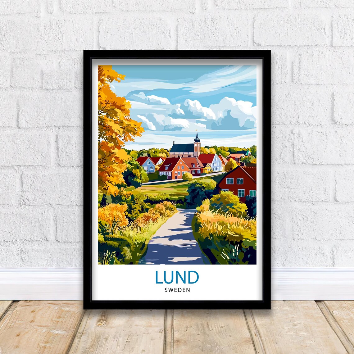 Lund Sweden Village Church Autumn Cottages Country Road Poster