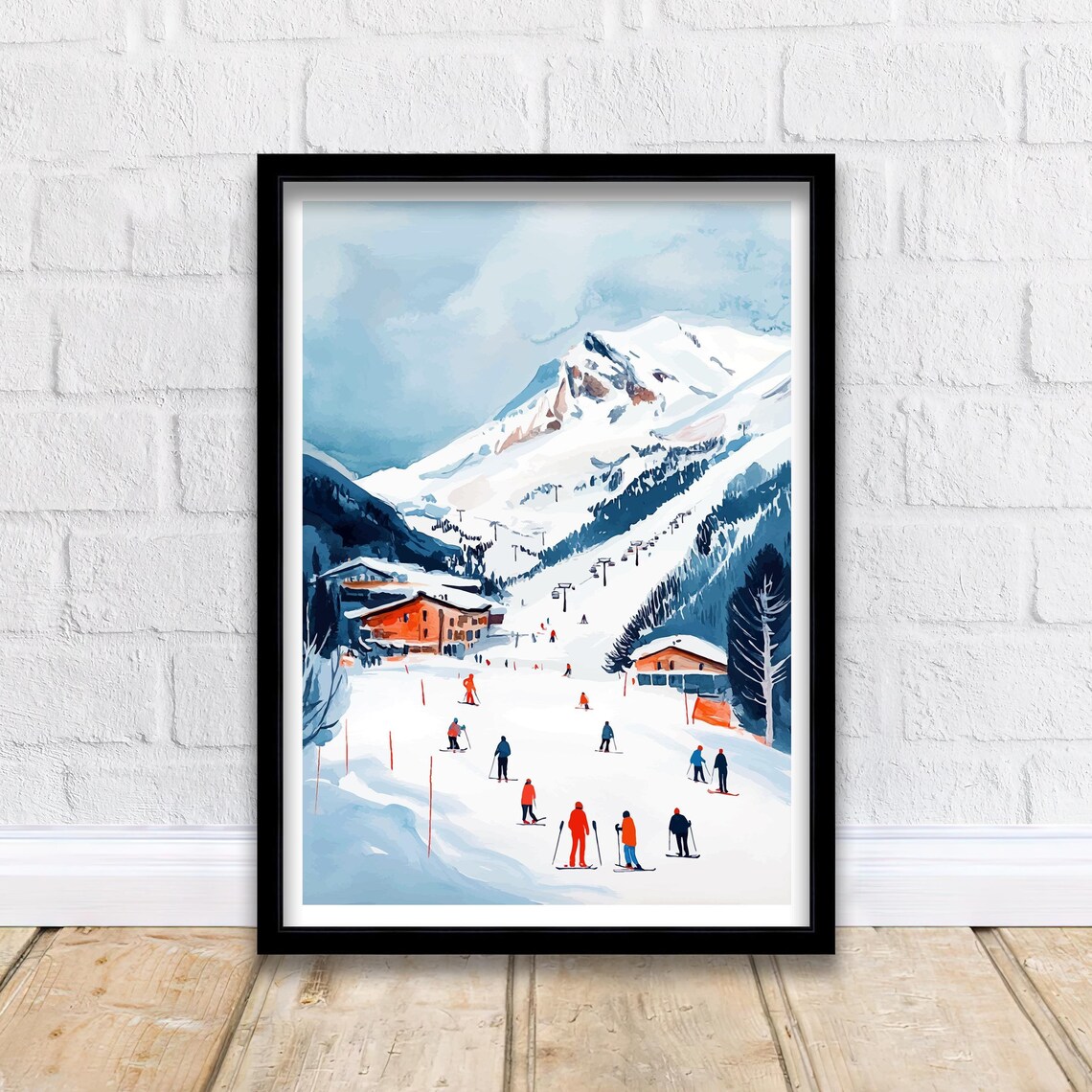 Val Disere France Ski Slopes Skiers Mountain Chalets Art Poster