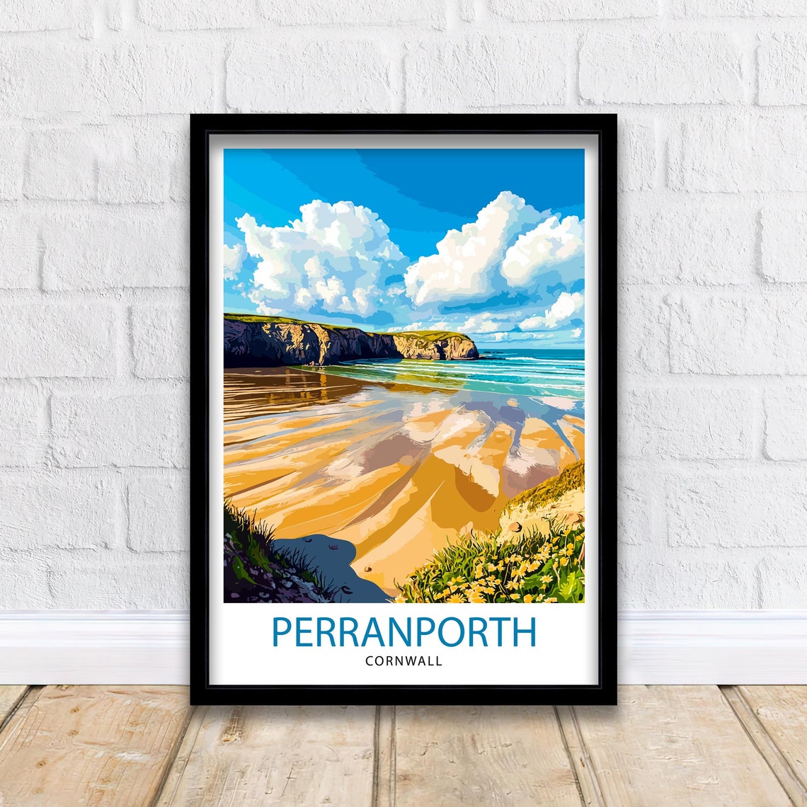 Perranporth Cornwall Sandy Beach Cliffs Surf Waves Travel Poster