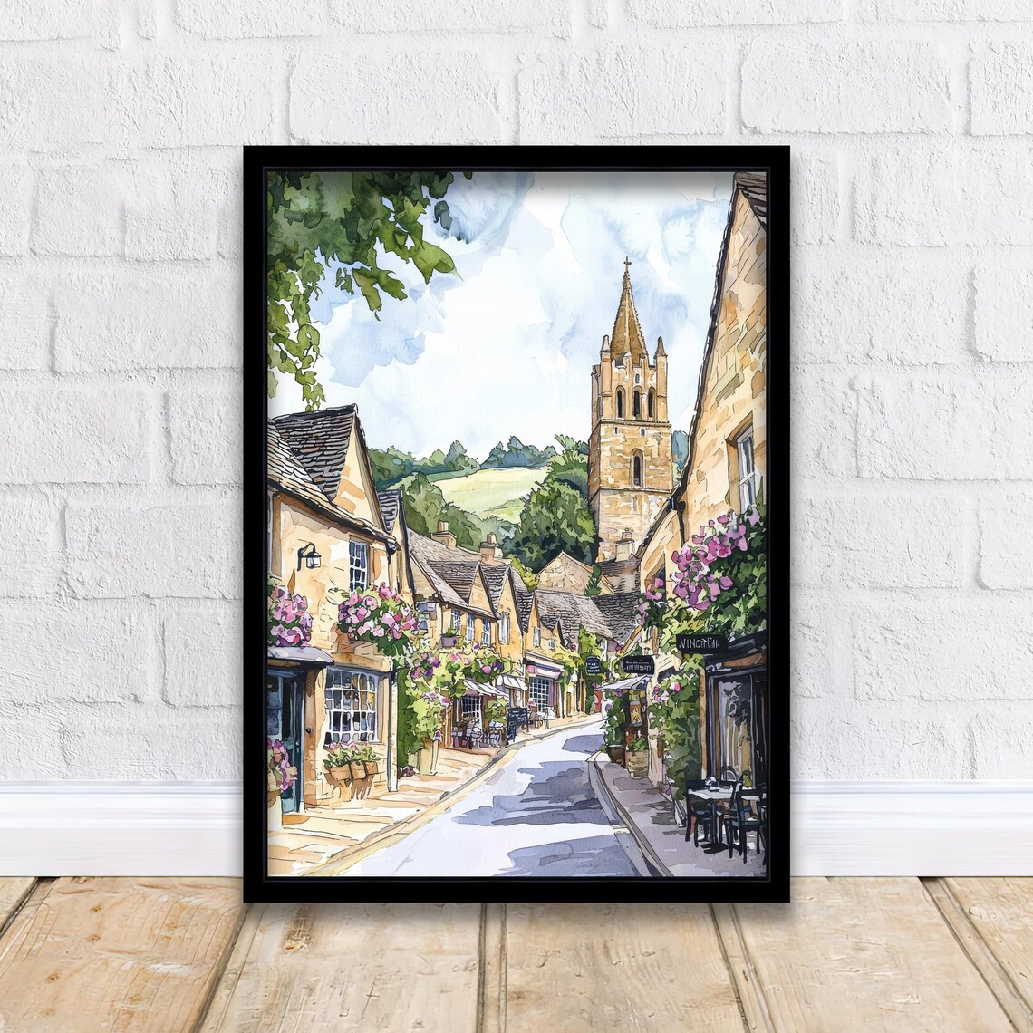 Winchcombe Cotswolds Watercolor Village Street Church Spire Poster