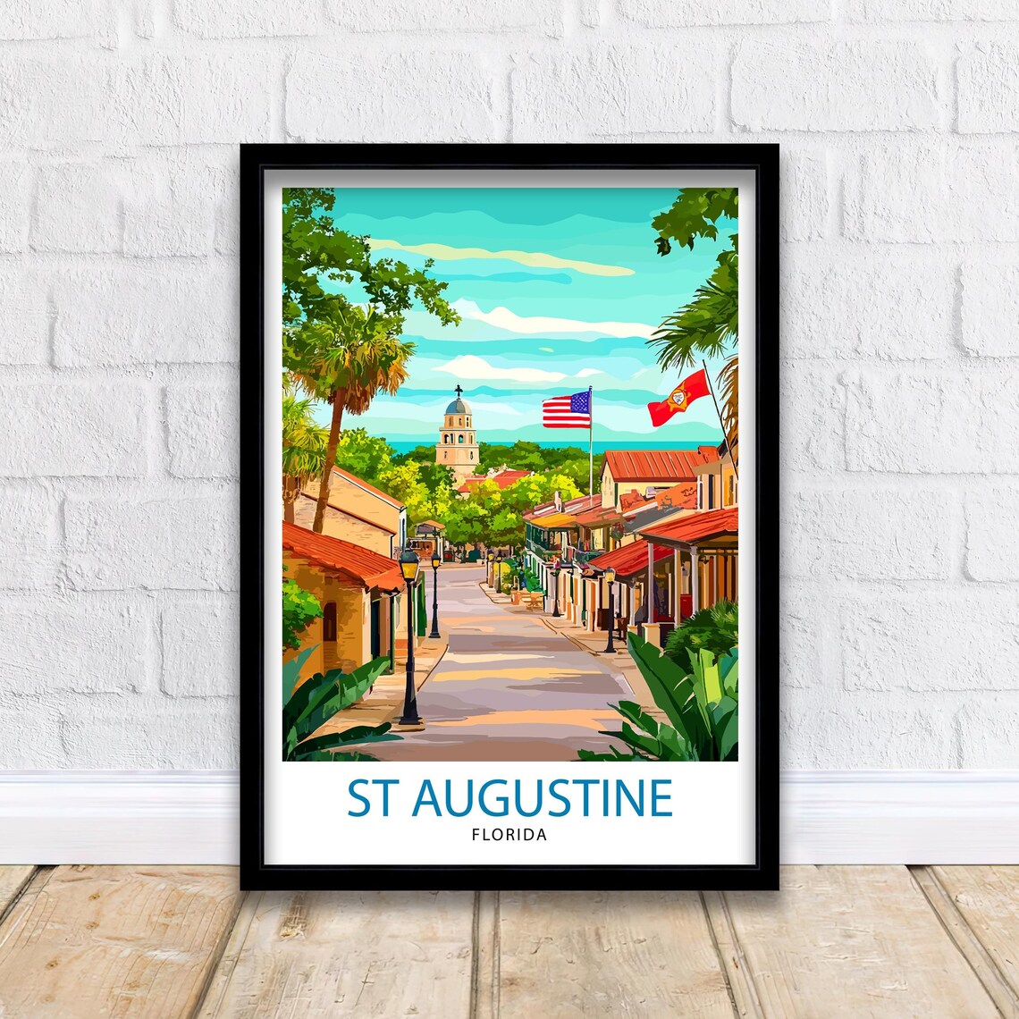 St Augustine Florida Historic Street Palms Vintage Travel Poster